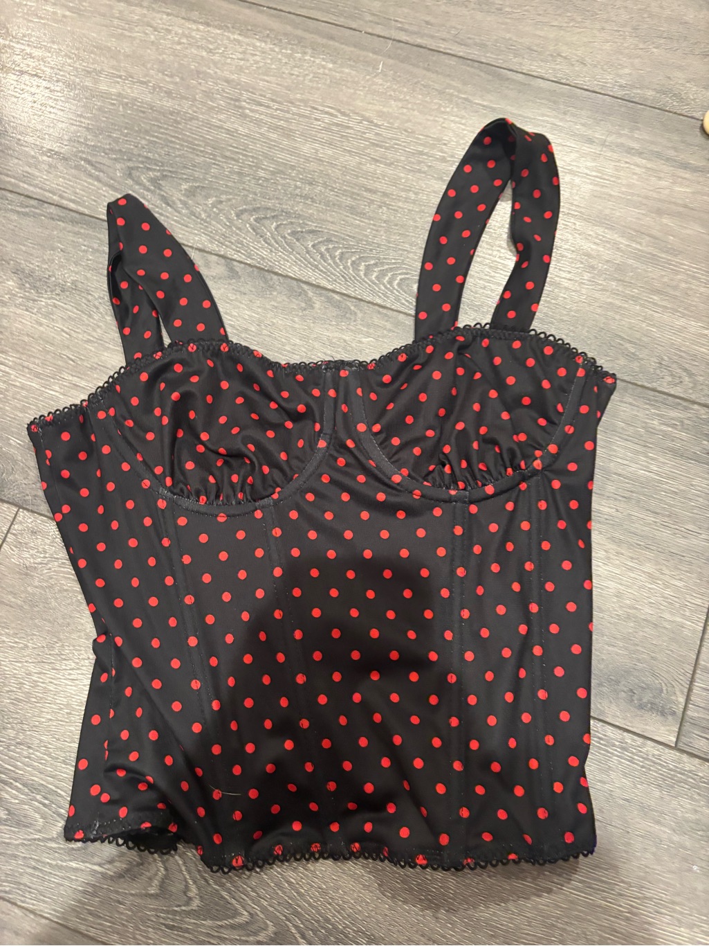 Shein Black Trim Light Gray Top With Pink Polka Dots
